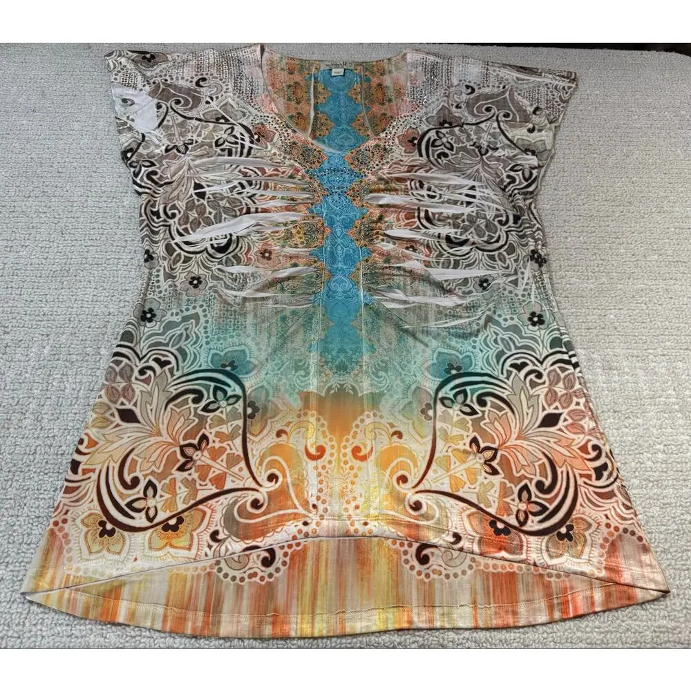 One World Live and Let Live Womens XL Top Cap Sleeve Embellished Rhinestone Boho - Picture 11 of 11